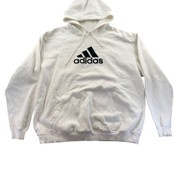 Adidas Mens Hooded Sweatshirt Size 2XL White Pullover Classic Embroidered Casual - Picture 1 of 9